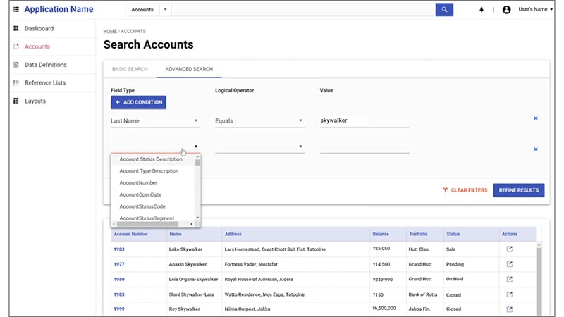 Search Accounts User Interface