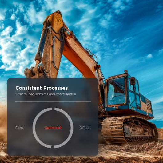 Diagram showing software streamlining coordination between field and office workers. In the background is a large excavator digging up dirt.