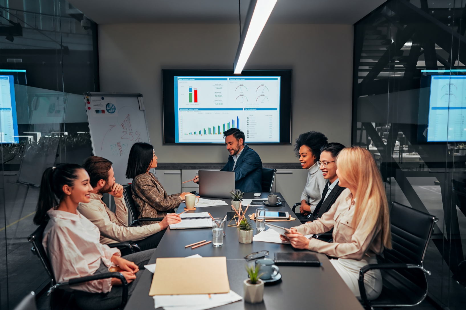 Business professionals in a conference room reviewing the client's increased value after launching their new custom software. 