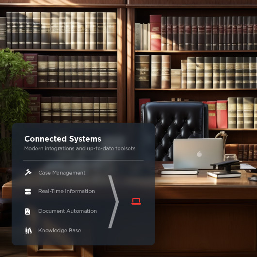 Diagram showing multiple legal software systems connected to a single computer. In the background is a desk surrounded by bookshelves filled with law books.