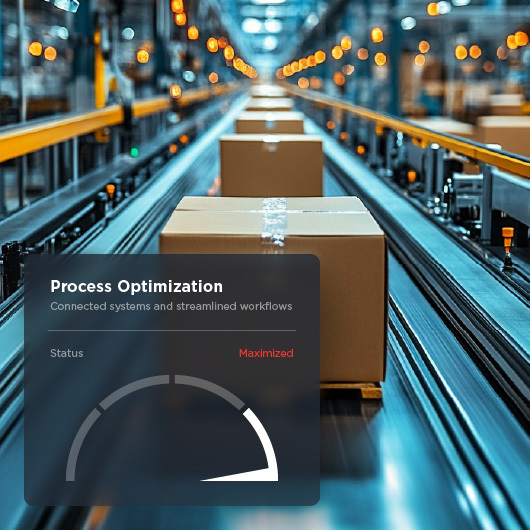 Diagram showing process optimization has been maximized. In the background is a photo of packages moving along a conveyor belt.
